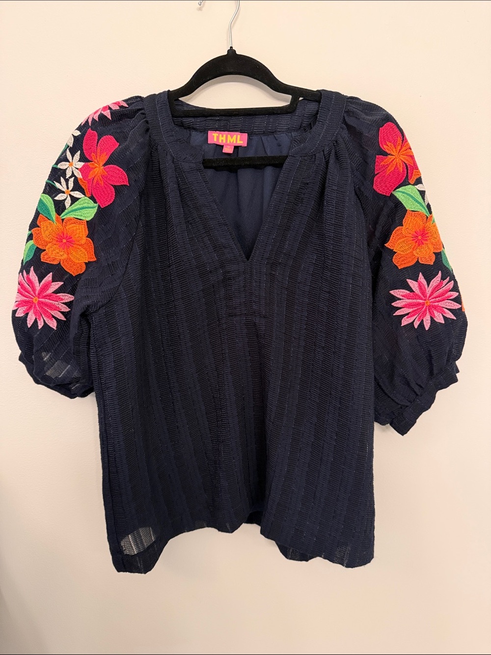 THML Navy Peasant Top with colorful Floral Embroidery